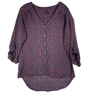 Maurices Sheer 3/4 Tab Sleeve Womens S Small Button Front Shirt Floral Black Red - Picture 1 of 11
