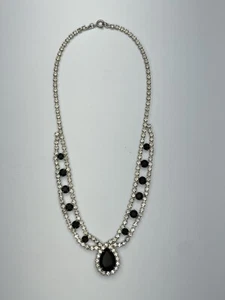 Silver Toned Statement Necklace Of Black And Crystal Clear Rhinestones Cocktail - Picture 1 of 9