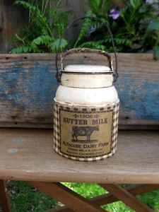 Antique Tin Cream Can White Milk Paint Brown Calico Buttermilk Label - Picture 1 of 10