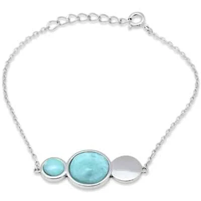 Brazalete redondo natural Larimar plata de ley .925 6" + 1" ajustable Foto 1 de 2