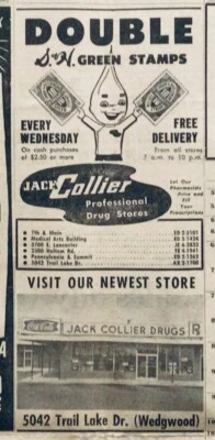 JACK COLLIER FARMACIA / SELLOS VERDES S&H AÑOS 60’S ANUNCIO DE PERIÓDICO FORTWORTH Foto 1 de 2