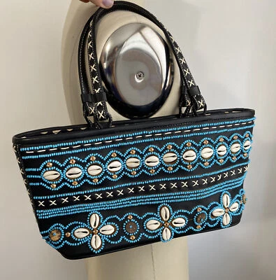 Isabella Fiore turquoise bead seashell Black leather Purse Handbag - Image 1 of 4