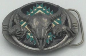 SISKIYOU 1992 M-8 Enamel Buffalo Skull Pewter Belt Buckle Turquoise Free Ship! - Picture 1 of 7