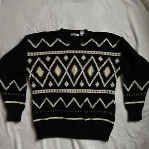 Vintage Claiborne Black Fair Isle 100% Cotton Men’s Sweater Size M Cozy Winter - Picture 1 of 6