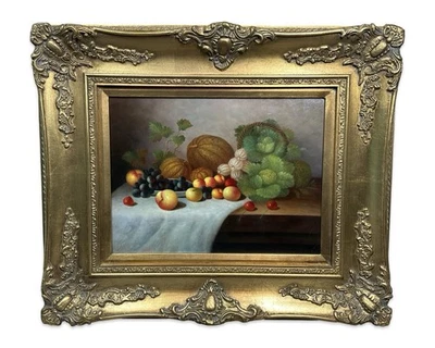 Modern CLASSICAL Table Of Fruit STILL LIFE Oil PAINTING Grape Cherry Melon FRAME - Image 1 of 4
