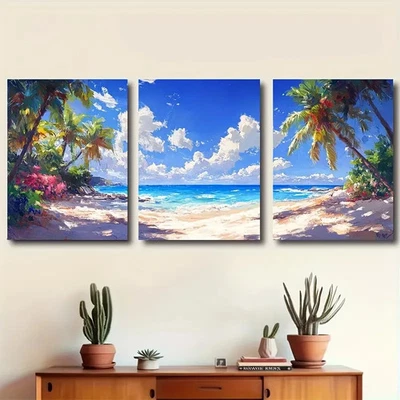 3pcs Tropical Beach Palm Ocean Scene Wall Art Canvas Unframed/Framed - Image 1 of 4
