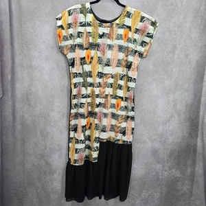 Takaya Siam schwarz Kurzarm Maxi Feder Print durchsichtig Rüschen Kleid Medium - Bild 1 von 8