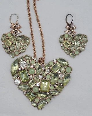 Vtg Betsey Johnson Neckkace & Earrings Set Large Green Crystal Embellished Heart - Image 1 of 4