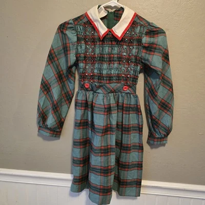 Vestido Vintage Polly Flinders Talla 8 Calado a Mano Verde, Rojo A Cuadros Niñas Foto 1 de 4