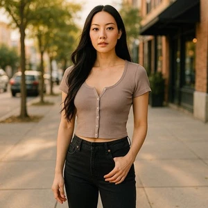 Brandy Melville John Galt Womens Top Taupe Ribbed Button Up Zelly Y2K Cropped - Picture 1 of 8