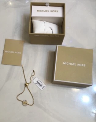 Michael Kors Gold Tone Plated Brass MK Logo & Crystal Station Bracelet NWT & Box - Image 1 of 4