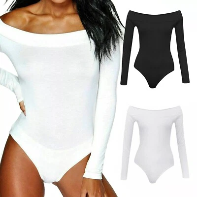 SMU Ladies Fancy Off Shoulder Plain Leotard Bodysuit Long Sleeve Stretch Bardot Top