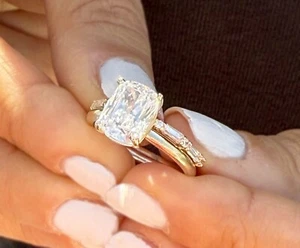 Cushion Cut Moissanite Engagement Ring And Band Solitaire 14k Yellow Gold 3.30ct - Picture 1 of 15