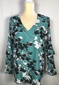 Calvin Klein Women Blouse Shirt Large Top Long Sleeve Chiffon Green Black NW $79 - Picture 1 of 11