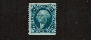 1862-71 Revenue 1st Issue Washington 2c Blue BANK CHECK P-Perf Sc#R5b* See Note - Picture 1 of 1
