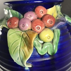 Beautiful Majolica Cobalt Blue Pottery Vase With 3D Berries and Leaves, Japan - Picture 1 of 13