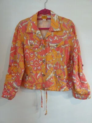 Ruby Rd LADY'S SZ 12 YELLOW Pink Purple FLORAL JACKET Roll Up Tab Long Sleeves - Image 1 of 4