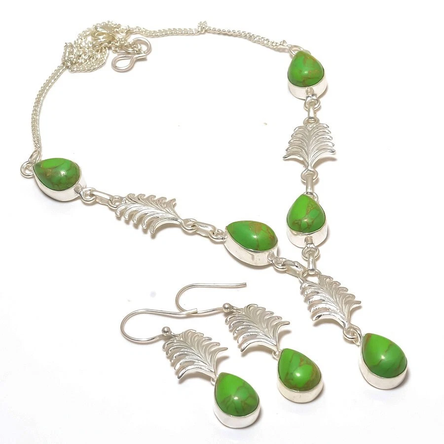 Green Mohave Turquoise Gemstone Silver Plated Necklace Earring Jewelry Set 18" - Image 1 of 1