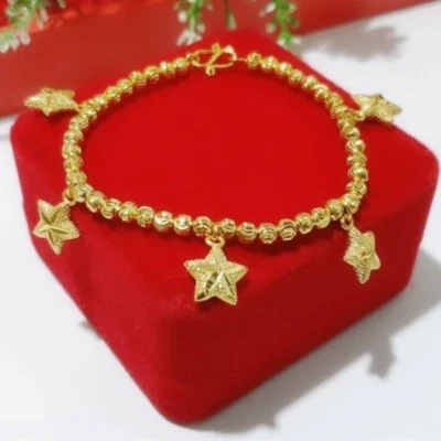 ฺStar Charm Cute Gold Bracelet Tone Dangle Bangle Chain Dainty Gift 7.5 Inch - Image 1 of 4