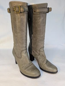 Coach Maxene Mid-Calf ‘Clay’ Gray Leather High Heeled Boots, Sz 7.5B Italy - Picture 1 of 15