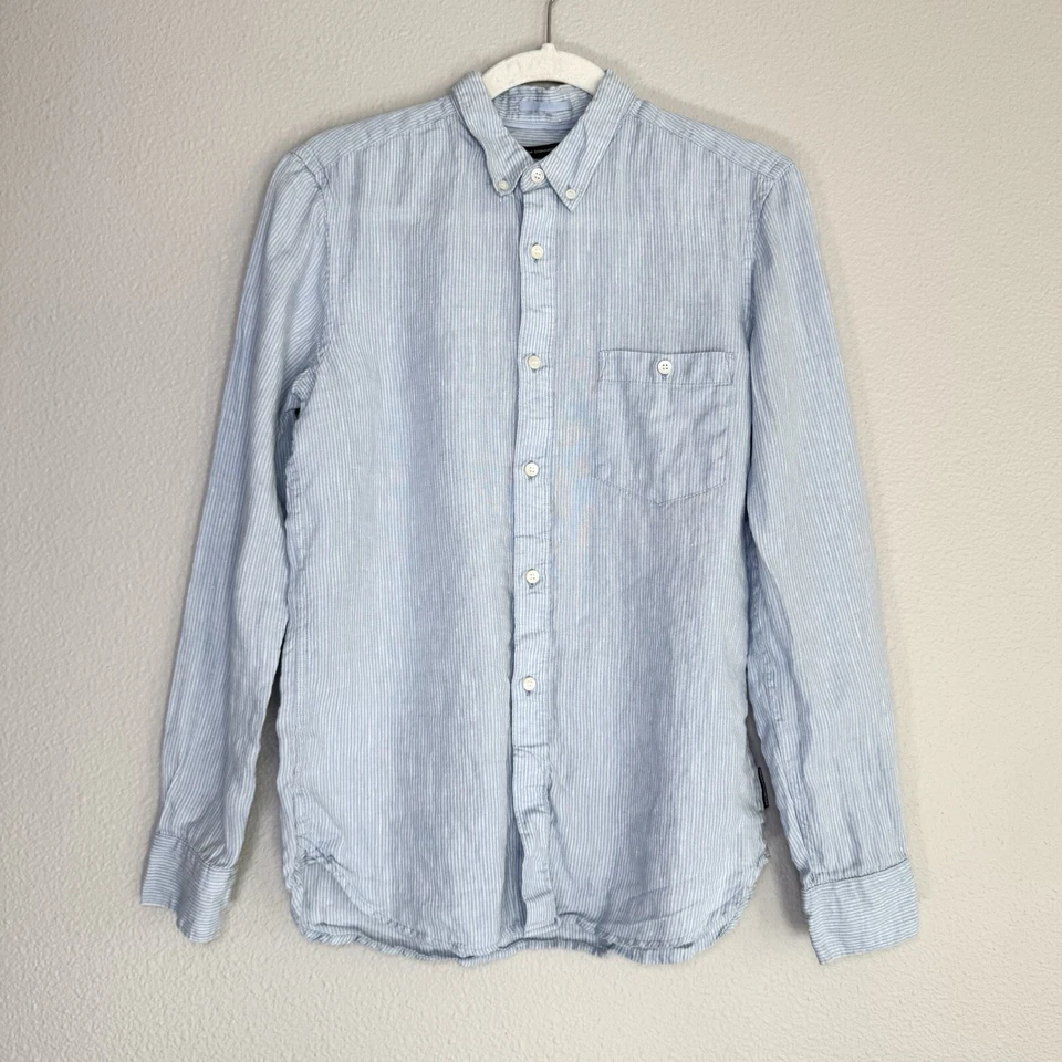 French Connection Linen Shirt Mens Small Long Sleeve Blue Striped Button Down - Image 1 of 4