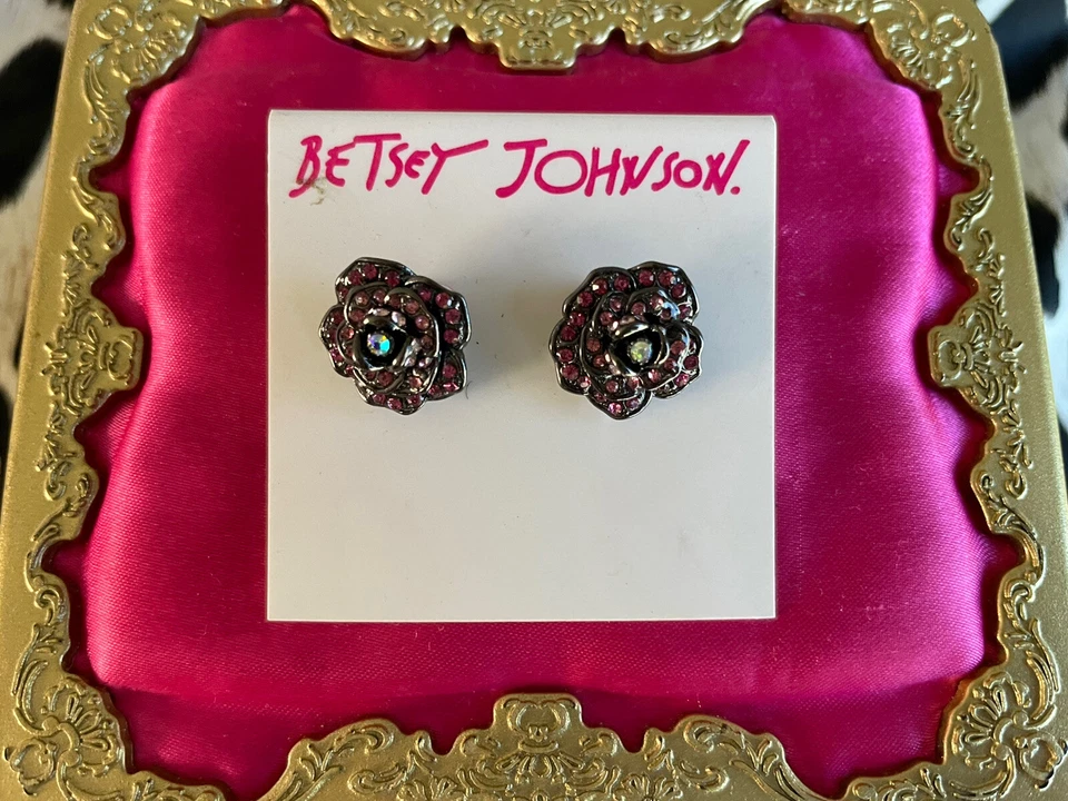 Pendientes Betsey Johnson Garden Of Excess Rosa Cristal Rosa Flor Peltre Gris Foto 1 de 2
