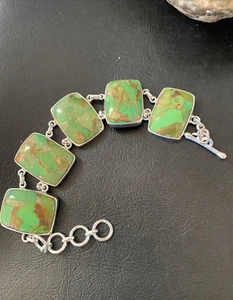 Green Mohave Turquoise Navajo Sterling Silver Link Bracelet 8" 11645 - Picture 1 of 12