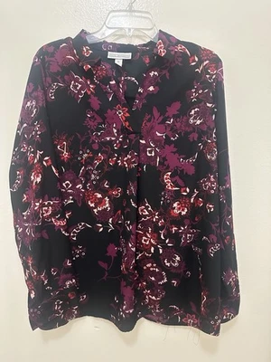 Blusa DANA BUCHMAN Top Talla XL Mangas Largas Enrollables Cuello en V Negra Púrpura Floral Foto 1 de 4