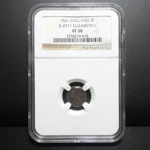1561 England 3 Farthings Elizabeth I S-2571  NGC VF 30 - Picture 1 of 4
