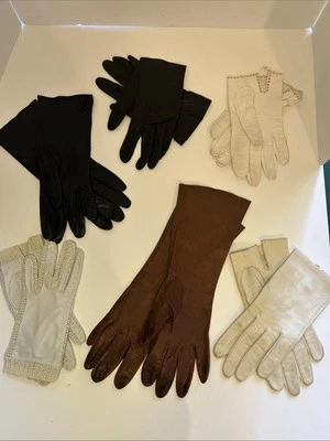 复古女式皮革手套 6 对黑色棕色白色 — 第 1/4 张图片