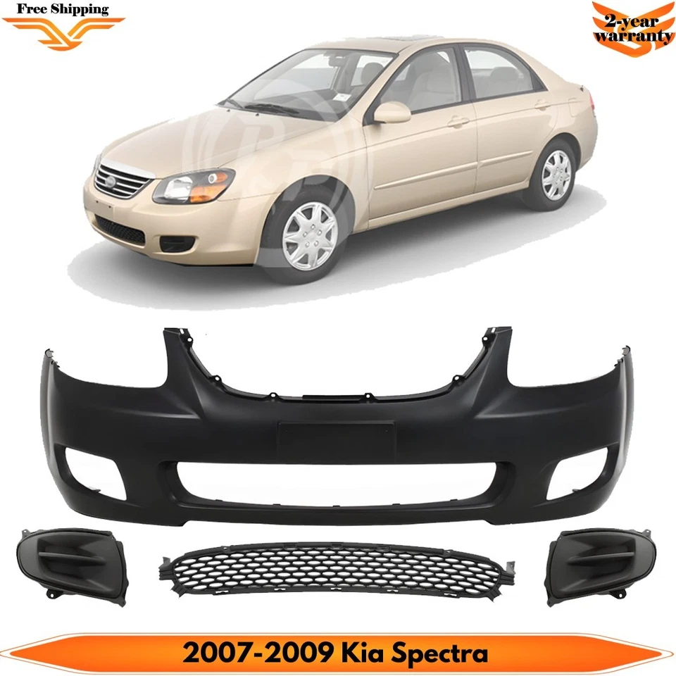 Front Bumper Cover Primed Plastic & Fog Lights Cover Kit For 07-2009 Kia Spectra Foto 1 de 4