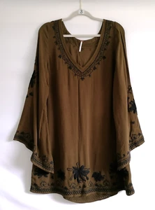 Free People Womens Dark Olive Bell Sleeve Embroidered Tunic Blouson Dress Size L - Picture 1 of 5