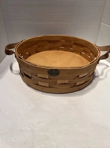 Peterboro 12" Round Wood Basket Leather Handles Wood Bottom Vintage Used - Picture 1 of 4