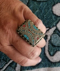 Tibetan Nepalese Handmade Turquoisr Red Coral Brass Ring - Picture 1 of 3