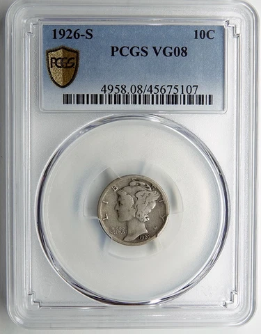 1926-S 10C Mercury Silver Dime / PCGS Gold Shield VG08 / Semi-Key Date Cover