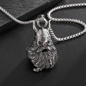 Norse Viking Odin Skull Helmet Necklace Stainless Steel Cycling Lucky Bell Men - Picture 1 of 11