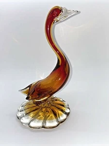 Base redonda festoneada de vidrio color ámbar naranja pájaro cisne Murano? 9"" x 4-3/4"" - Imagen 1 de 11