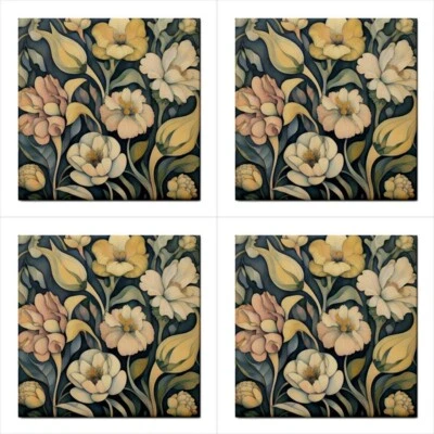Flowers Art Nouveau Ceramic Tile Set Of 4 Art Backsplash Tiles 4.25 In - Image 1 of 3