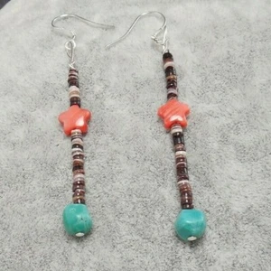 Handmade Sterling Silver Turquoise Spiny Oyster Heishi Earrings - Picture 1 of 4