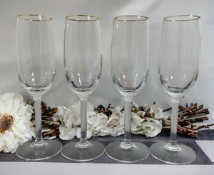 Champagne Flute Gold Rim 8" Blown Glass Ribbed Steem 4 Wedding Toasting Glasses - Picture 1 of 13