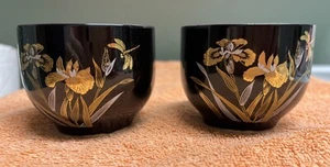 Vintage Japanese Tea Sake Cups, Black with Irises and Dragonfly- Set of 2 - Picture 1 of 5