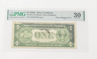 VF30 1935-E $1 Silver Certificate - FR#1614 (TG Block) Printing Error PMG *6560 - Image 1 of 3
