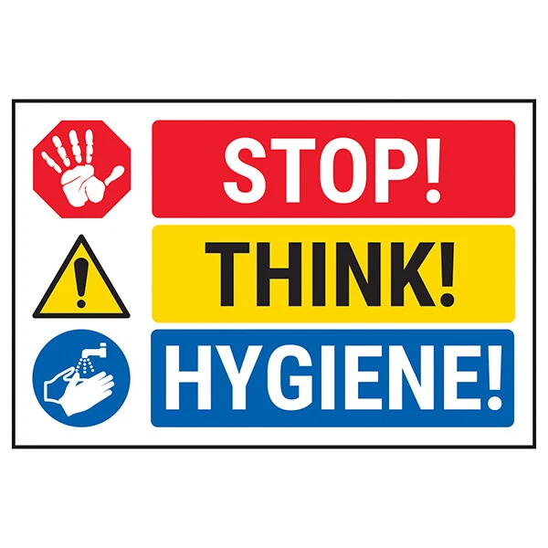 STICKEMUPGRAPHICS 2X STOP! DENKEN SIE! HYGIENE! - GOV Gesundheits- & Sicherheitsschilder Aufkleber wasserdicht