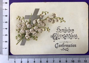 Glückwunschkärtchen Glückwunsch Confirmation Maiglöckchen Kreuz Stoff Prägdruck - Picture 1 of 2