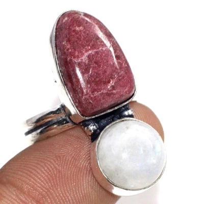 925 Silver Plated Long Pink Thulite Rainbow Moonstone Ring Size US 9 GW - Image 1 of 3