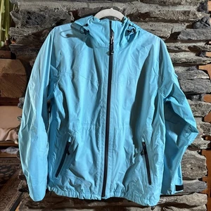LL Bean Women's Aqua Nylon Rain Jacket S Petite Full Zip Gusset Hooded Outdoor - Picture 1 of 7