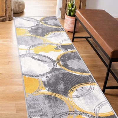 Evora Modern Yellow Runner Rug, Contemporary Circles Design, Non-Shedding Car... - Image 1 of 4