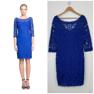 Tadashi Shoji Embroidered Lace 3/4 Sleeve Sheath Dress Size 12 Mystic Blue Lined - Picture 1 of 15