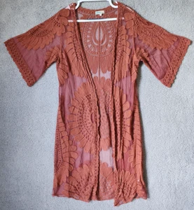 Rebellion Again Women's Mesh Duster Floral Embroidered Boho Festival Orange Sz S - Picture 1 of 11