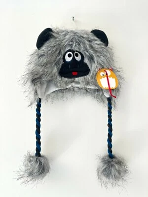 Greendog Faux Fur Winter Monkey Hat BRAIDED EAR FLAPS Pompoms Grey White M-L - Image 1 of 4